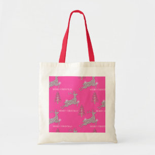 Roze kerst met kerstmousserende rendiervis tote bag