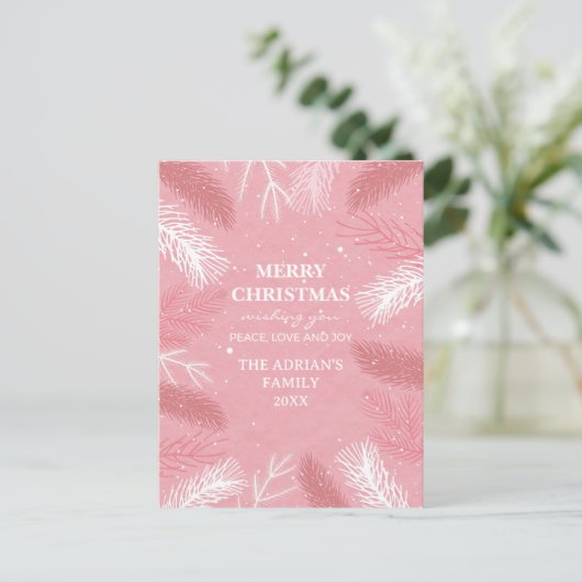 Roze kerst met pijnboombladeren briefkaart (Staand voorkant)