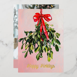 Roze Kerst Mistletoe Schilderij Custom Foto Folie Feestdagenkaart