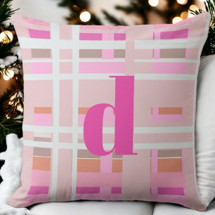 Roze Kerst monogram plaid blush wit sinaasappel Kussen