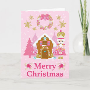 Roze Kerst Notenkraker en Gemberhuis Feestdagen Kaart