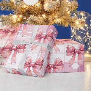Roze Kerst Plaid Sneeuwvlokken Strik Coquette Cadeaupapier