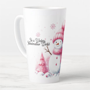 Roze Kerst Sneeuwman Marshmallow Wereld Latte Mok