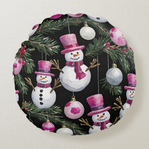 Roze Kerst Sneeuwman Ornamenten Rond Kussen
