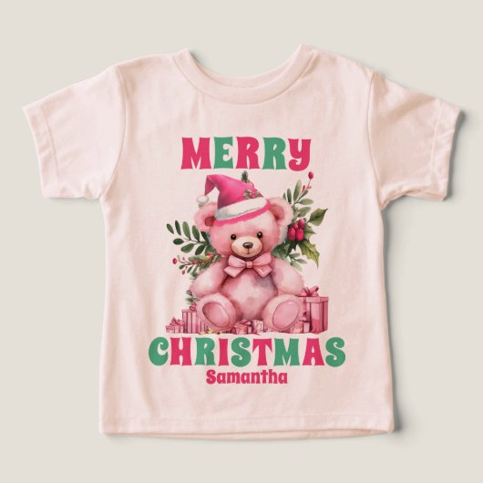 Roze Kerst Teddybeer gepersonaliseerde naam (Design voorkant)