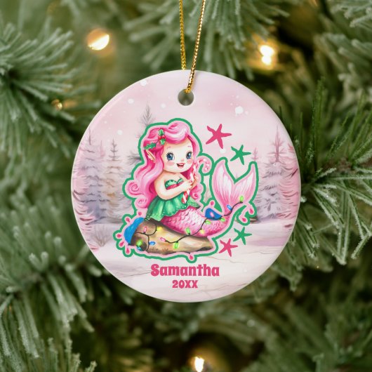 Roze Kerst Zeemeermin Kinder Foto Ornament (Boom)