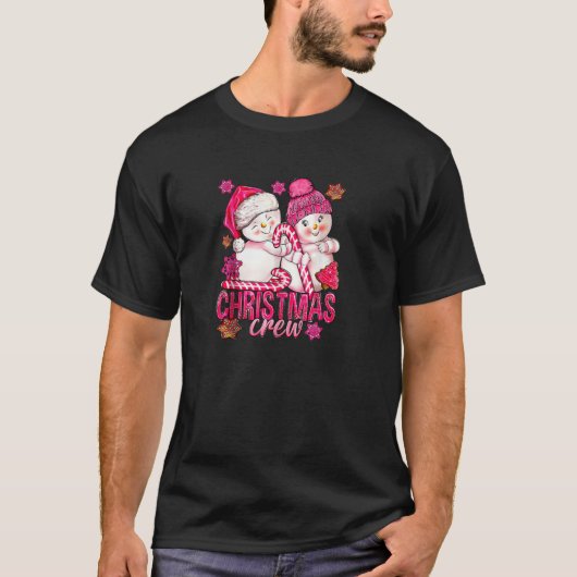 Roze Kerstbemanning Sneeuwman Met Candy Cane Xmas T-shirt (Voorkant)