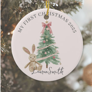 Roze Kerstboom Baby Meisje Eerste Kerstmis Keramisch Ornament