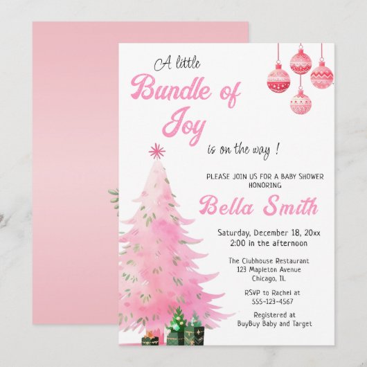 Roze kerstboom Baby shower uitnodiging (Voorkant / Achterkant)