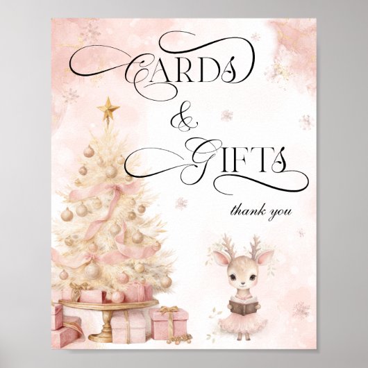Roze kerstboom en Baby herten Kaarten en geschenke Poster (Voorkant)