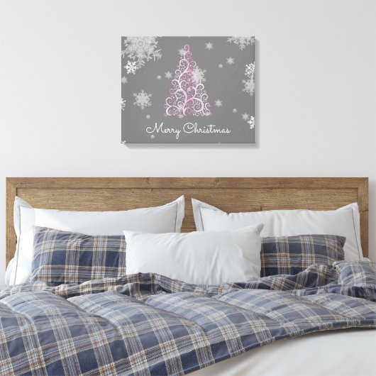 Roze kerstboom en Snowflakes Canvas afdrukken (Insitu (Slaapkamer))