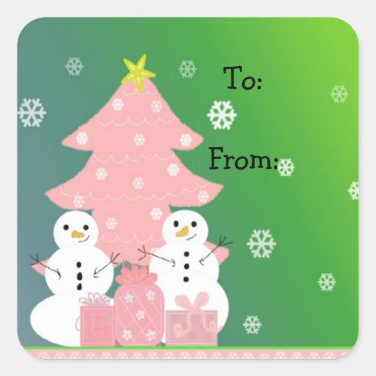 Roze kerstboom en Snowmen Vierkante Sticker (Voorkant)