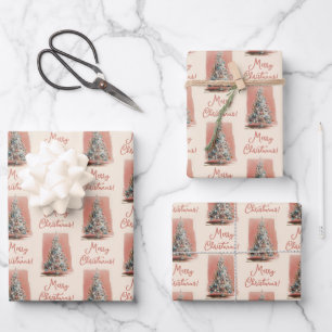 Roze Kerstboom in Vintage Stijl Inpakpapier Vel