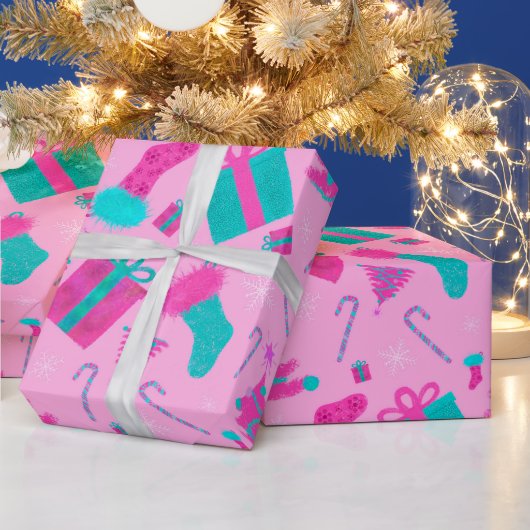 Roze kerstboom kous snoepriet cadeaus cadeaupapier (Feestdagen)