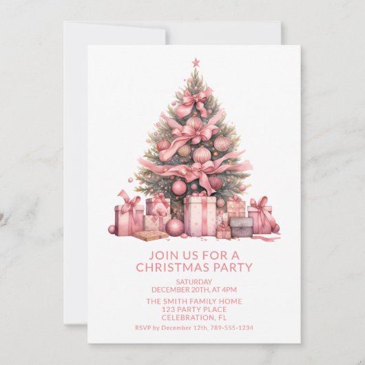Roze Kerstboom Party Uitnodiging (Voorkant)