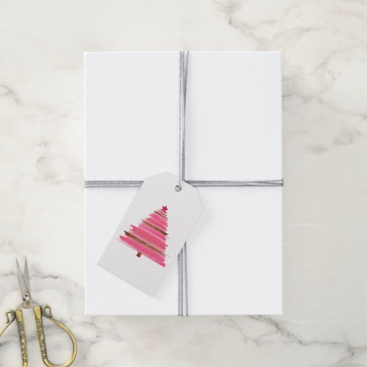 Roze kerstboomkunst cadeaulabel (Met Touw)