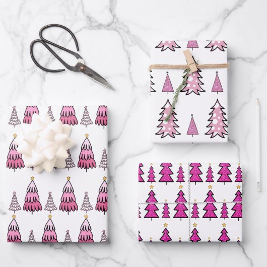 Roze kerstboompatronen Glitter & Leopard Fun Inpakpapier Vel (Voorkant)