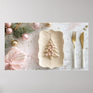Roze kerstbord op feestelijke tafel – Vakantiedag Poster