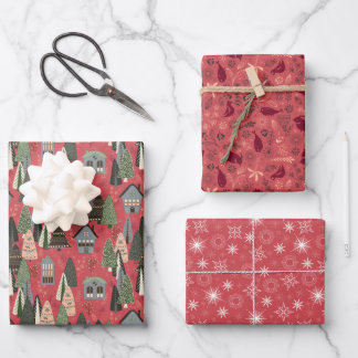 Roze Kerstbos Dorps Vogels Sneeuwvlokken Inpakpapier Vel