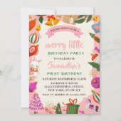 Roze kerstfeest 1e verjaardag feest kaart (Voorkant)