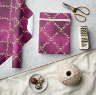 Roze kerstfeestdag Gold Damask Metallic Cadeaupapier