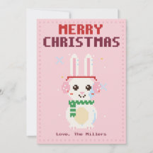 Roze kerstkaart met Bunny Pixel Art