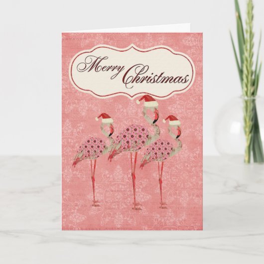 Roze kerstkaart met Flamingos Feestdagen Kaart (Voorkant)