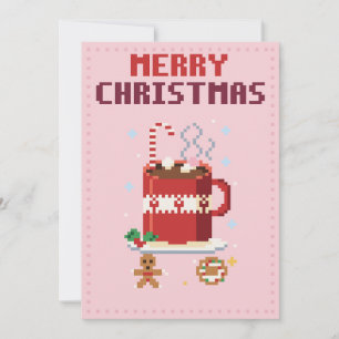 Roze kerstkaart met pixelart van hete chocolade