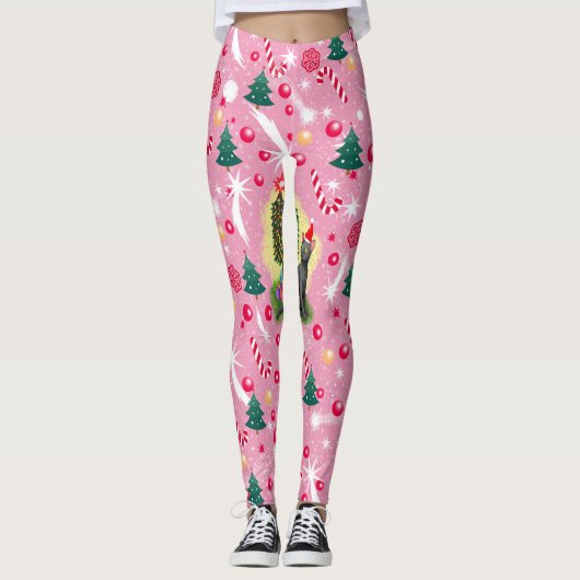 Roze Kerstkat Leggings (Voorkant)