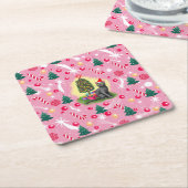 Roze Kerstkat Vierkante Kartonnen Onderzetter (Schuin)