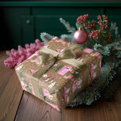 Roze Kerstman Rendier Noordpool Dorp Cadeaupapier