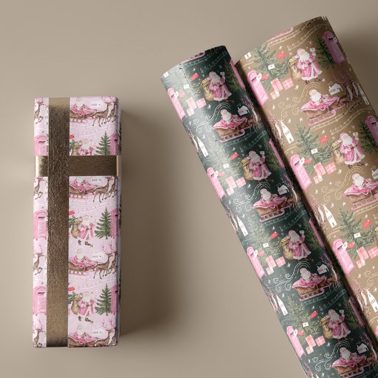 Roze Kerstman Rendier Noordpool Dorp Inpakpapier Vel