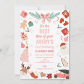 Roze Kerstmeisje Vakantie Uitnodiging (Voorkant)