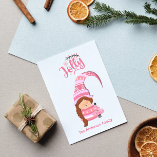 Roze Kerstmis Meisje Gnome Met Vlecht Haar Jolly Feestdagenkaart