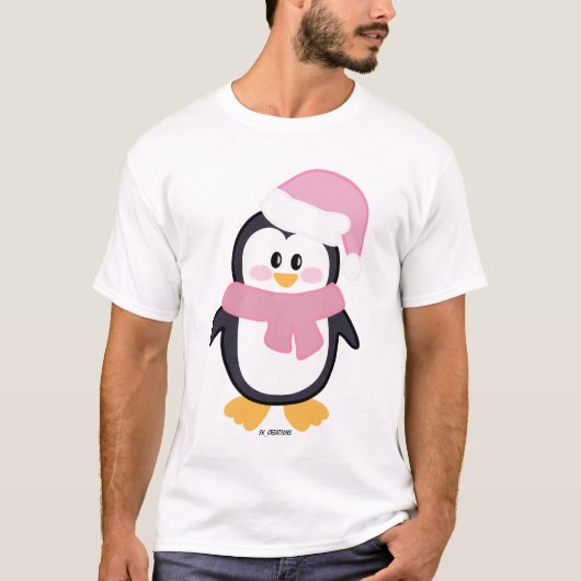 Roze Kerstmis Pinguïn Basic Mannen T-shirt (Voorkant)