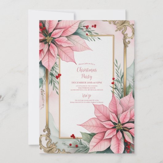 Roze Kerstmis Poinsettia Winter Groen Bruiloft Kaart (Voorkant)