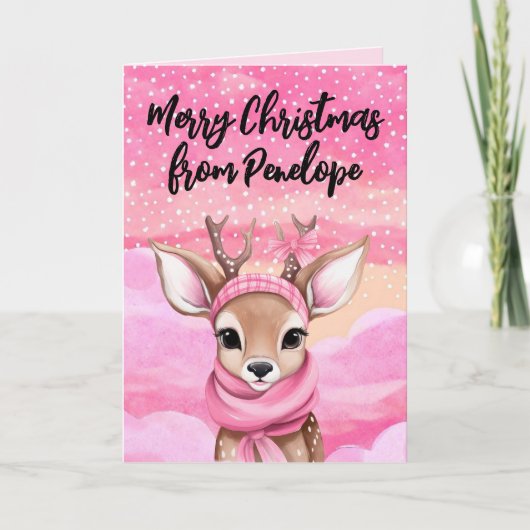 Roze Kerstmis Rendier Gepersonaliseerd Schattige Feestdagen Kaart (Voorkant)