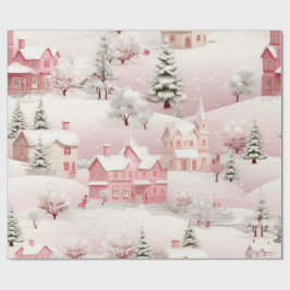  Roze Kerstmis Sneeuwdorp Cadeaupapier