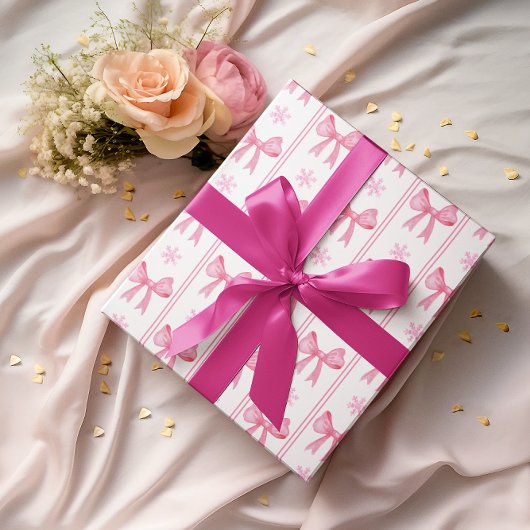 Roze Kerstmis Sneeuwvlok & Bow Coquette Gift Cadeaupapier