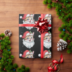 Roze kerstmuts Retro schattige poes kat Kerstmis Cadeaupapier