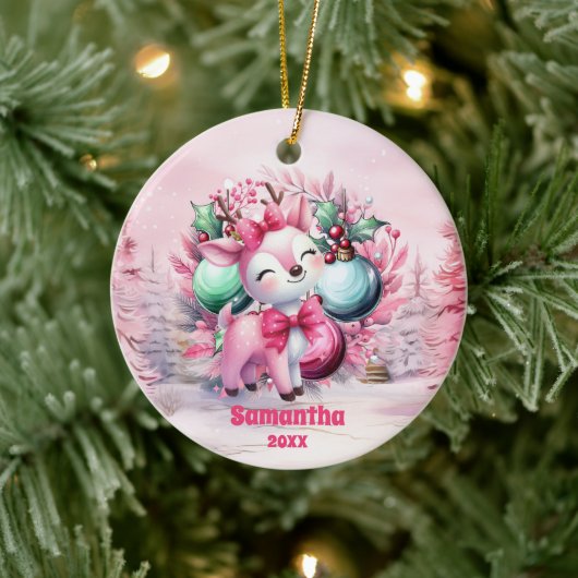 Roze Kerstrendier Kinder Foto Ornament (Boom)