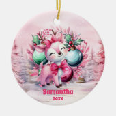 Roze Kerstrendier Kinder Foto Ornament (Voorkant)