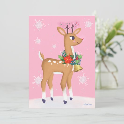 Roze kerstretro Rudolph Persoonlijke flatkaart Feestdagenkaart (Staand voorkant)