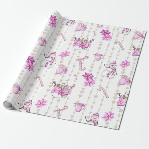 Roze kerstroze Snowmen en Snowflakes Cadeaupapier