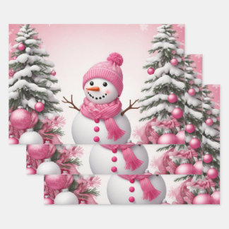  roze kerstsneeuwman & bomen inpakpapier vel