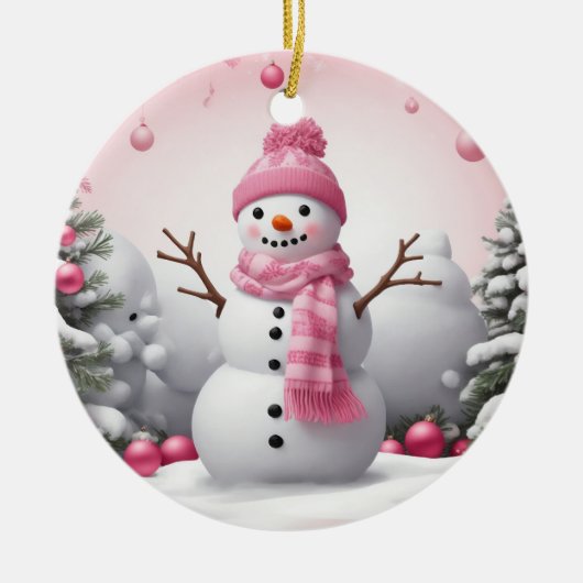 Roze Kerstsneeuwman Keramisch Ornament (Voorkant)