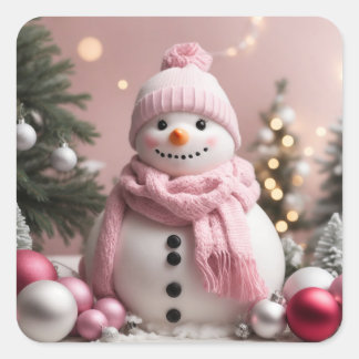  roze kerstsneeuwman vierkante sticker
