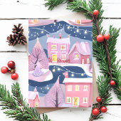 Roze  kerststad | Waterverf Girly Feestdagenkaart