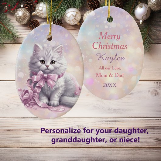 Roze Kerststrik Wit Kitten Kinder Keramisch Ornament