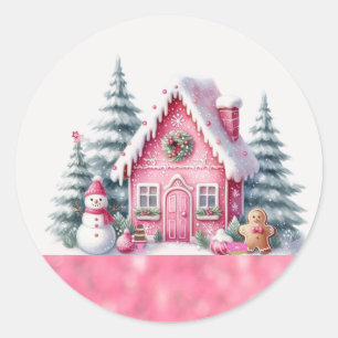 Roze Kerstvakantie Village Gingerbread House Ronde Sticker